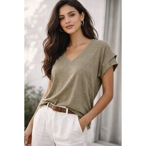 ba&sh Khaki Green Slub Knit V-Neck Tee Cap Sleeve | Size M | Made in Portugal